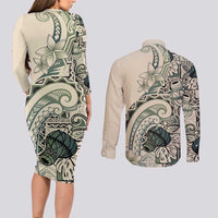 Aloha Hawaii Tapa Couples Matching Long Sleeve Bodycon Dress and Long Sleeve Button Shirt Summer Green Hawaiian Ipu - Polynesian Pride