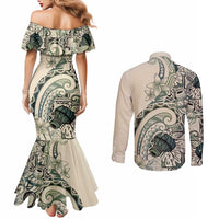 Aloha Hawaii Tapa Couples Matching Mermaid Dress and Long Sleeve Button Shirt Summer Green Hawaiian Ipu - Polynesian Pride