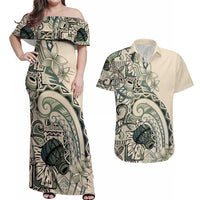 Aloha Hawaii Tapa Couples Matching Off Shoulder Maxi Dress and Hawaiian Shirt Summer Green Hawaiian Ipu - Polynesian Pride