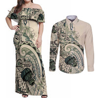 Aloha Hawaii Tapa Couples Matching Off Shoulder Maxi Dress and Long Sleeve Button Shirt Summer Green Hawaiian Ipu - Polynesian Pride