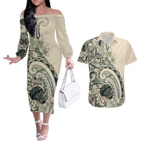 Aloha Hawaii Tapa Couples Matching Off The Shoulder Long Sleeve Dress and Hawaiian Shirt Summer Green Hawaiian Ipu - Polynesian Pride