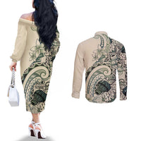 Aloha Hawaii Tapa Couples Matching Off The Shoulder Long Sleeve Dress and Long Sleeve Button Shirt Summer Green Hawaiian Ipu - Polynesian Pride