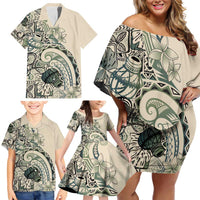 Aloha Hawaii Tapa Family Matching Off Shoulder Short Dress and Hawaiian Shirt Summer Green Hawaiian Ipu - Polynesian Pride