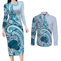 Aloha Hawaii Tapa Couples Matching Long Sleeve Bodycon Dress and Long Sleeve Button Shirt Cool Turquoise Hawaiian Ipu - Polynesian Pride