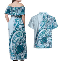 Aloha Hawaii Tapa Couples Matching Off Shoulder Maxi Dress and Hawaiian Shirt Cool Turquoise Hawaiian Ipu - Polynesian Pride