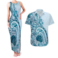 Aloha Hawaii Tapa Couples Matching Tank Maxi Dress and Hawaiian Shirt Cool Turquoise Hawaiian Ipu - Polynesian Pride