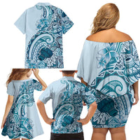 Aloha Hawaii Tapa Family Matching Off Shoulder Short Dress and Hawaiian Shirt Cool Turquoise Hawaiian Ipu - Polynesian Pride