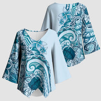Aloha Hawaii Tapa Kimono Sleeve Blouse Cool Turquoise Hawaiian Ipu - Polynesian Pride
