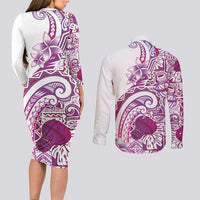 Aloha Hawaii Tapa Couples Matching Long Sleeve Bodycon Dress and Long Sleeve Button Shirt Vibrant Fuchsia Hawaiian Ipu - Polynesian Pride