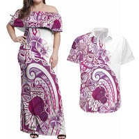 Aloha Hawaii Tapa Couples Matching Off Shoulder Maxi Dress and Hawaiian Shirt Vibrant Fuchsia Hawaiian Ipu - Polynesian Pride