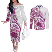Aloha Hawaii Tapa Couples Matching Off The Shoulder Long Sleeve Dress and Long Sleeve Button Shirt Vibrant Fuchsia Hawaiian Ipu - Polynesian Pride