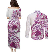 Aloha Hawaii Tapa Couples Matching Puletasi and Long Sleeve Button Shirt Vibrant Fuchsia Hawaiian Ipu - Polynesian Pride