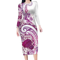 Aloha Hawaii Tapa Long Sleeve Bodycon Dress Vibrant Fuchsia Hawaiian Ipu - Polynesian Pride