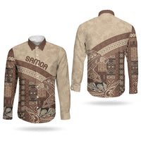Samoa Mamanu Siapo Mocha Couples Matching Long Sleeve Bodycon Dress and Long Sleeve Button Shirt Tatau Malie