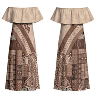 Samoa Mamanu Siapo Mocha Couples Matching Off Shoulder Maxi Dress and Hawaiian Shirt Tatau Malie