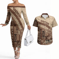 Samoa Mamanu Siapo Mocha Couples Matching Off The Shoulder Long Sleeve Dress and Hawaiian Shirt Tatau Malie