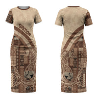 Samoa Mamanu Siapo Mocha Couples Matching Short Sleeve Bodycon Dress and Long Sleeve Button Shirt Tatau Malie