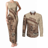 Samoa Mamanu Siapo Mocha Couples Matching Tank Maxi Dress and Long Sleeve Button Shirt Tatau Malie