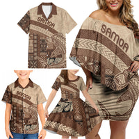 Samoa Mamanu Siapo Mocha Family Matching Off Shoulder Short Dress and Hawaiian Shirt Tatau Malie