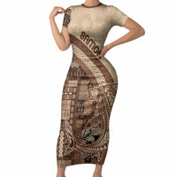 Samoa Mamanu Siapo Mocha Short Sleeve Bodycon Dress Tatau Malie
