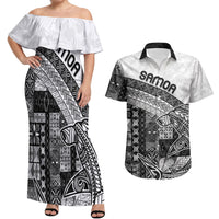 Samoa Mamanu Siapo Classic Black Couples Matching Off Shoulder Maxi Dress and Hawaiian Shirt Tatau Malie