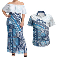 Samoa Mamanu Siapo Royal Blue Couples Matching Off Shoulder Maxi Dress and Hawaiian Shirt Tatau Malie
