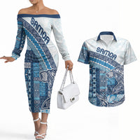 Samoa Mamanu Siapo Royal Blue Couples Matching Off The Shoulder Long Sleeve Dress and Hawaiian Shirt Tatau Malie