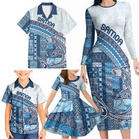 Samoa Mamanu Siapo Royal Blue Family Matching Long Sleeve Bodycon Dress and Hawaiian Shirt Tatau Malie