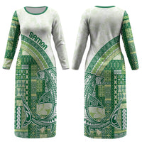 Samoa Mamanu Siapo Forest Green Couples Matching Long Sleeve Bodycon Dress and Hawaiian Shirt Tatau Malie