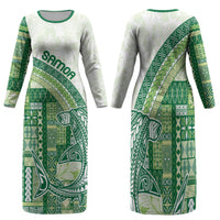 Samoa Mamanu Siapo Forest Green Family Matching Long Sleeve Bodycon Dress and Hawaiian Shirt Tatau Malie
