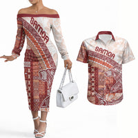 Samoa Mamanu Siapo Crimson Couples Matching Off The Shoulder Long Sleeve Dress and Hawaiian Shirt Tatau Malie