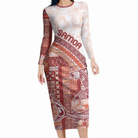 Samoa Mamanu Siapo Crimson Long Sleeve Bodycon Dress Tatau Malie