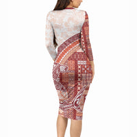 Samoa Mamanu Siapo Crimson Long Sleeve Bodycon Dress Tatau Malie