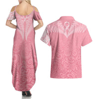 Personalised New Zealand Couples Matching Summer Maxi Dress and Hawaiian Shirt Pink Ribbon Tattoo Mix Silver Fern LT7 - Polynesian Pride