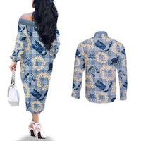 Aloha Hawaii Paniolo Jeans Palaka Couples Matching Off The Shoulder Long Sleeve Dress and Long Sleeve Button Shirt Coastal Rodeo - Polynesian Pride