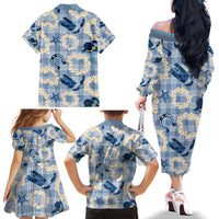 Aloha Hawaii Paniolo Jeans Palaka Family Matching Off The Shoulder Long Sleeve Dress and Hawaiian Shirt Coastal Rodeo - Polynesian Pride