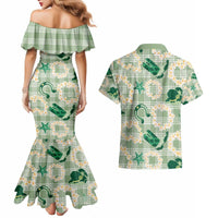 Aloha Hawaii Paniolo Mint Palaka Couples Matching Mermaid Dress and Hawaiian Shirt Coastal Rodeo - Polynesian Pride