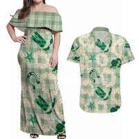 Aloha Hawaii Paniolo Mint Palaka Couples Matching Off Shoulder Maxi Dress and Hawaiian Shirt Coastal Rodeo - Polynesian Pride