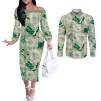 Aloha Hawaii Paniolo Mint Palaka Couples Matching Off The Shoulder Long Sleeve Dress and Long Sleeve Button Shirt Coastal Rodeo - Polynesian Pride