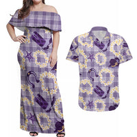 Aloha Hawaii Paniolo Lavender Palaka Couples Matching Off Shoulder Maxi Dress and Hawaiian Shirt Coastal Rodeo - Polynesian Pride