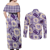 Aloha Hawaii Paniolo Lavender Palaka Couples Matching Off Shoulder Maxi Dress and Long Sleeve Button Shirt Coastal Rodeo - Polynesian Pride
