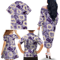 Aloha Hawaii Paniolo Lavender Palaka Family Matching Off The Shoulder Long Sleeve Dress and Hawaiian Shirt Coastal Rodeo - Polynesian Pride