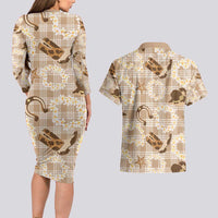 Aloha Hawaii Paniolo Khaki Palaka Couples Matching Long Sleeve Bodycon Dress and Hawaiian Shirt Coastal Rodeo - Polynesian Pride