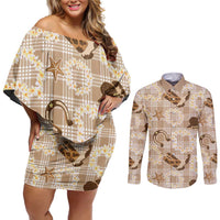 Aloha Hawaii Paniolo Khaki Palaka Couples Matching Off Shoulder Short Dress and Long Sleeve Button Shirt Coastal Rodeo - Polynesian Pride