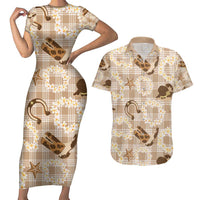Aloha Hawaii Paniolo Khaki Palaka Couples Matching Short Sleeve Bodycon Dress and Hawaiian Shirt Coastal Rodeo - Polynesian Pride
