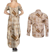 Aloha Hawaii Paniolo Khaki Palaka Couples Matching Summer Maxi Dress and Long Sleeve Button Shirt Coastal Rodeo - Polynesian Pride