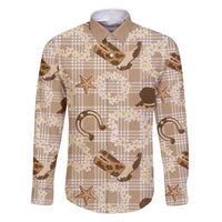 Aloha Hawaii Paniolo Khaki Palaka Family Matching Off Shoulder Short Dress and Hawaiian Shirt Coastal Rodeo LT7 Dad's Shirt - Long Sleeve Khaki - Polynesian Pride