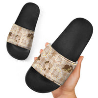 Aloha Hawaii Paniolo Khaki Palaka Slide Sandals Coastal Rodeo - Polynesian Pride