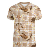 Aloha Hawaii Paniolo Khaki Palaka Women V-Neck T-Shirt Coastal Rodeo LT7 Female Khaki - Polynesian Pride