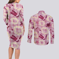 Aloha Hawaii Paniolo Lokelani Rose Palaka Couples Matching Long Sleeve Bodycon Dress and Long Sleeve Button Shirt Coastal Rodeo - Polynesian Pride